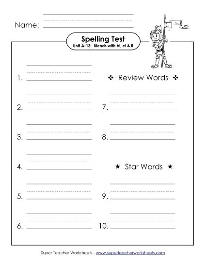 Spelling Test - Spelling Test (A-13) (Printable PDF Worksheet)