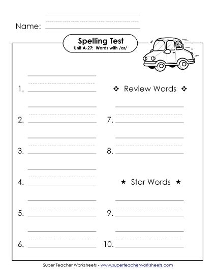Spelling Test - Spelling Test (A-27) (Printable PDF Worksheet)