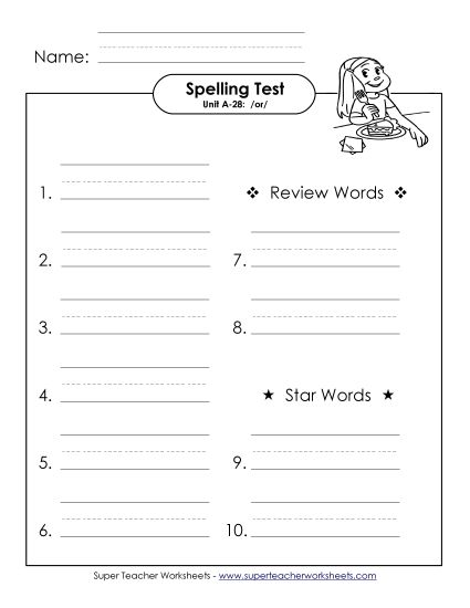 Spelling Test - Spelling Test (A-28) (Printable PDF Worksheet)