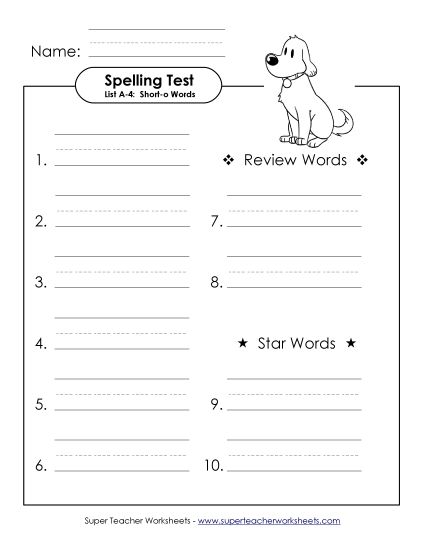 Spelling Test - Spelling Test (A-4) (Printable PDF Worksheet)
