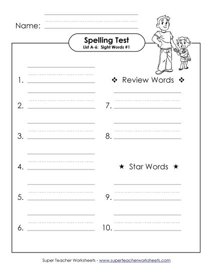Spelling Test - Spelling Test A-6 (Printable PDF Worksheet)