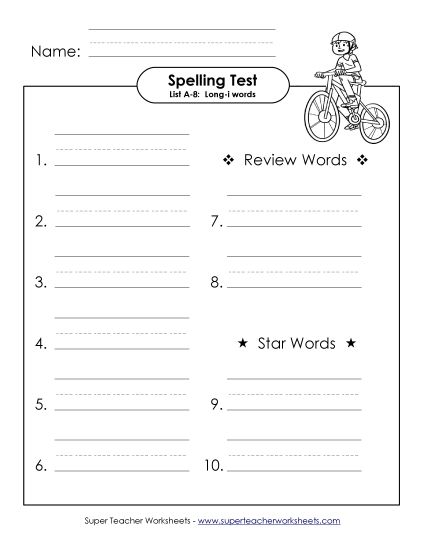 Spelling Test - Spelling Test (A-8) (Printable PDF Worksheet)