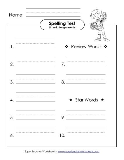 Spelling Test - Spelling Test (A-9) (Printable PDF Worksheet)