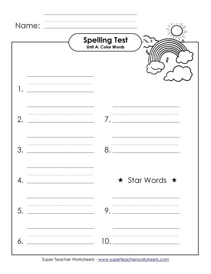Spelling Test - Spelling Test (A-Color Words)  (Printable PDF Worksheet)