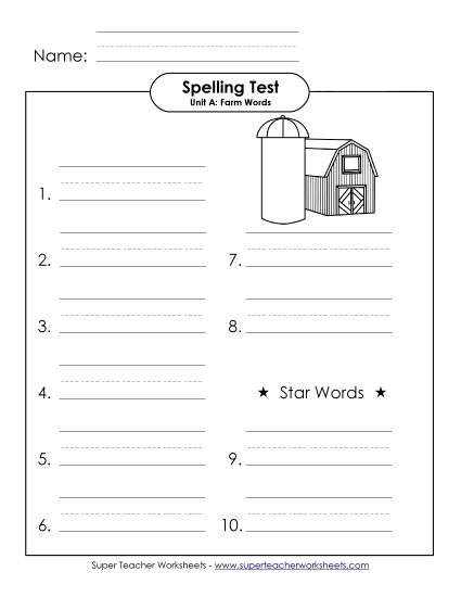 Spelling Test - Spelling Test (A-Farm Words)  (Printable PDF Worksheet)