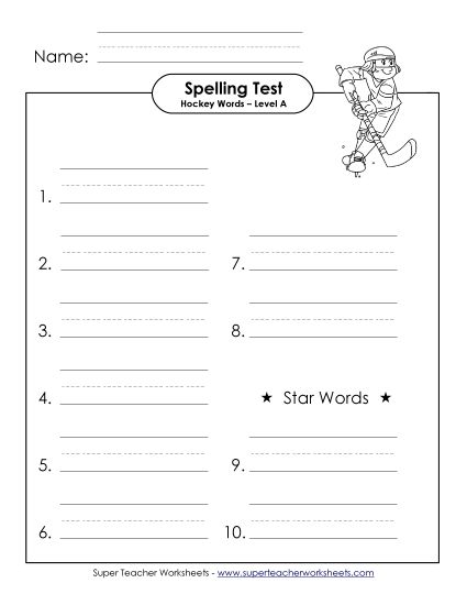 Spelling Test - Spelling Test (A-Hockey Words)  (Printable PDF Worksheet)