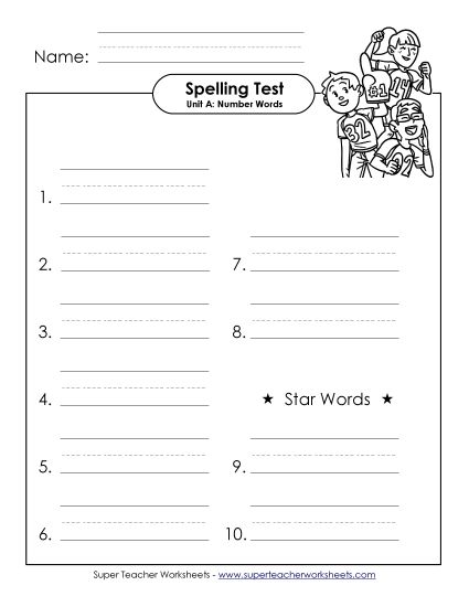 Spelling Test - Spelling Test (A-Number Words)  (Printable PDF Worksheet)