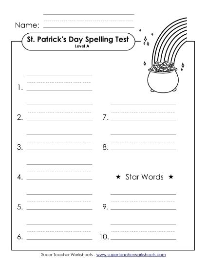 Spelling Test - Spelling Test (A-St. Patrick's Day)  (Printable PDF Worksheet)