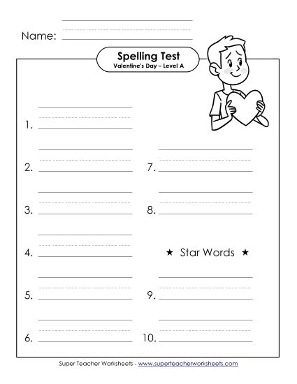 Spelling Test - Spelling Test (A-Valentine's Day)  (Printable PDF Worksheet)