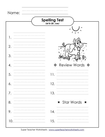 Spelling Test - Spelling Test (B-20) (Printable PDF Worksheet)