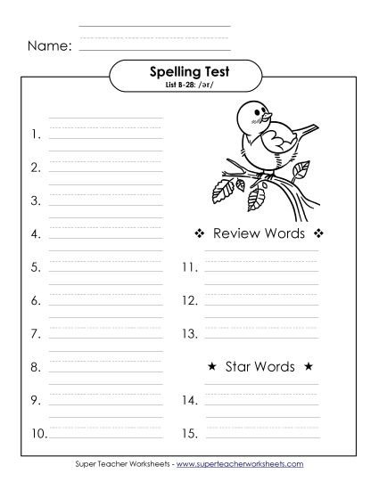 Spelling Test - Spelling Test (B-28) (Printable PDF Worksheet)