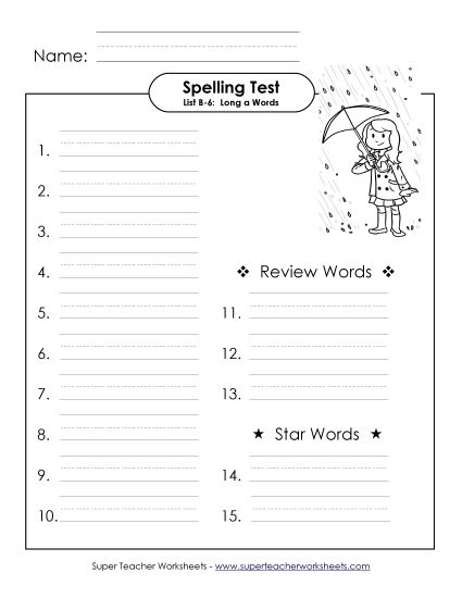Spelling Test - Spelling Test B-6 (Printable PDF Worksheet)