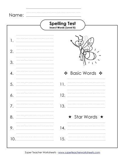 Spelling Test - Spelling Test (B-Insect Words)  (Printable PDF Worksheet)