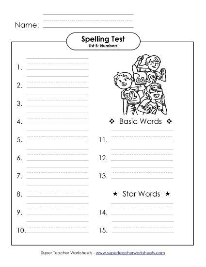 Spelling Test - Spelling Test (B-Number Words)  (Printable PDF Worksheet)