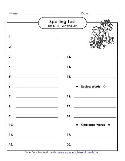 Spelling Test - Spelling Test (C-11) (Printable PDF Worksheet)
