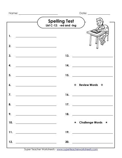 Spelling Test - Spelling Test (C-12) (Printable PDF Worksheet)