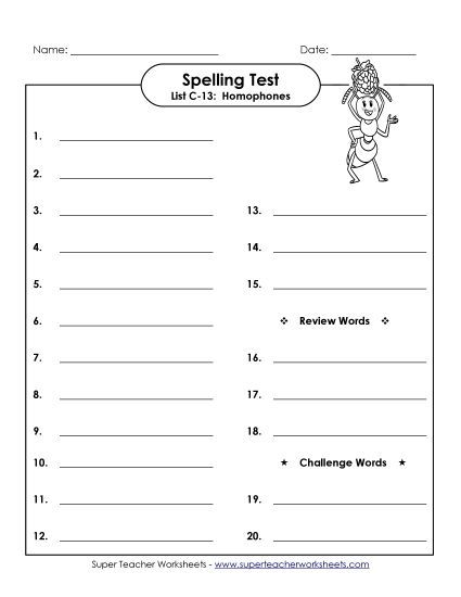 Spelling Test - Spelling Test (C-13) (Printable PDF Worksheet)