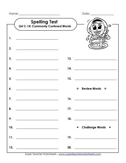 Spelling Test - Spelling Test (C-14) (Printable PDF Worksheet)