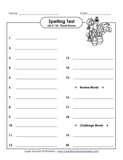 Spelling Test - Spelling Test (C-18) (Printable PDF Worksheet)