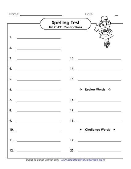 Spelling Test - Spelling Test (C-19) (Printable PDF Worksheet)