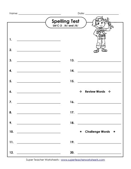 Spelling Test - Spelling Test (C-2) (Printable PDF Worksheet)
