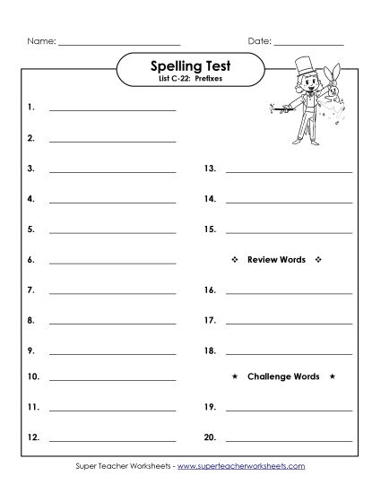 Spelling Test - Spelling Test (C-22) (Printable PDF Worksheet)
