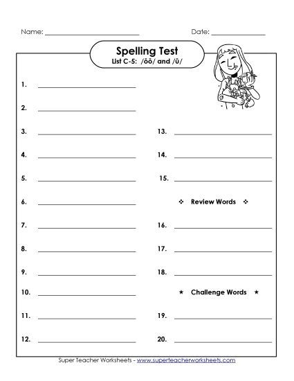 Spelling Test - Spelling Test (C-5) (Printable PDF Worksheet)