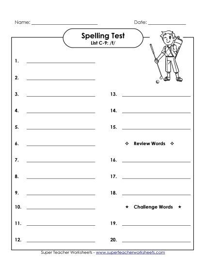 Spelling Test - Spelling Test (C-9) (Printable PDF Worksheet)