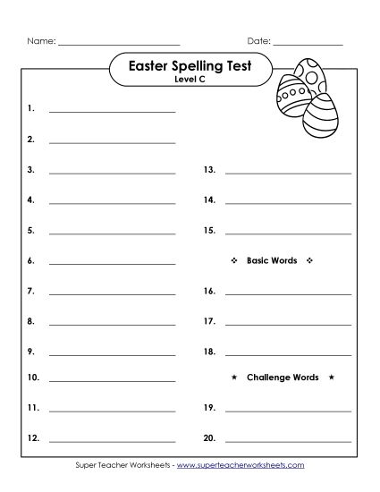 Spelling Test - Spelling Test (C-Easter)  (Printable PDF Worksheet)
