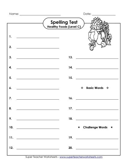 Spelling Test - Spelling Test (C-Healthy Foods)  (Printable PDF Worksheet)