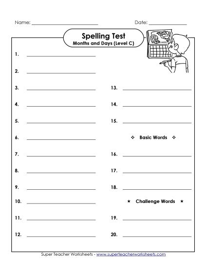 Spelling Test - Spelling Test (C-Months and Days)  (Printable PDF Worksheet)