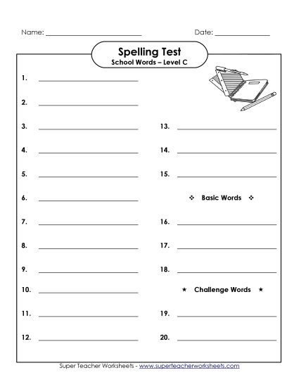 Spelling Test - Spelling Test (C-School Words)  (Printable PDF Worksheet)