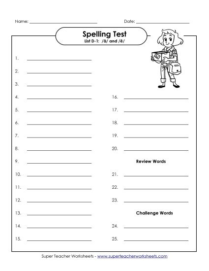 Spelling Test - Spelling Test (D-1) (Printable PDF Worksheet)