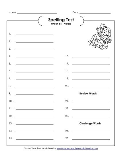 Spelling Test - Spelling Test (D-11) (Printable PDF Worksheet)