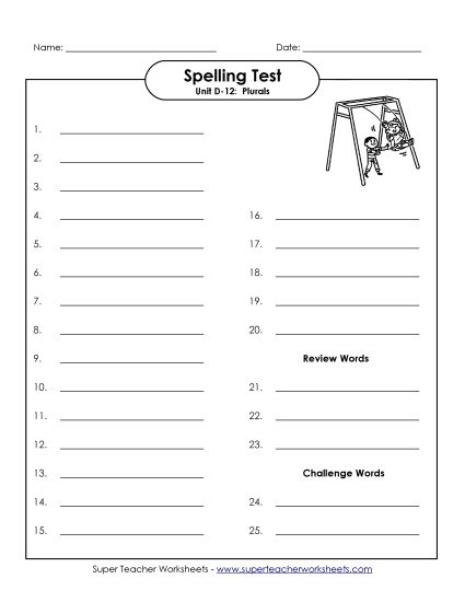 Spelling Test - Spelling Test (D-12) (Printable PDF Worksheet)