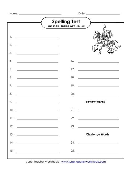 Spelling Test - Spelling Test (D-14) (Printable PDF Worksheet)