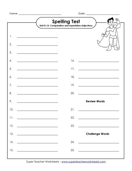 Spelling Test - Spelling Test (D-15) (Printable PDF Worksheet)