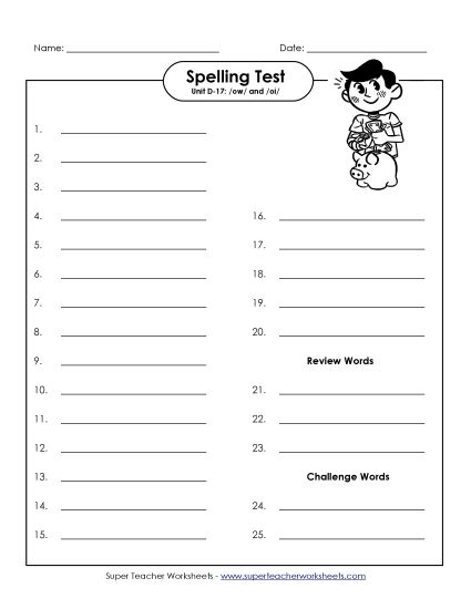 Spelling Test - Spelling Test (D-17) (Printable PDF Worksheet)