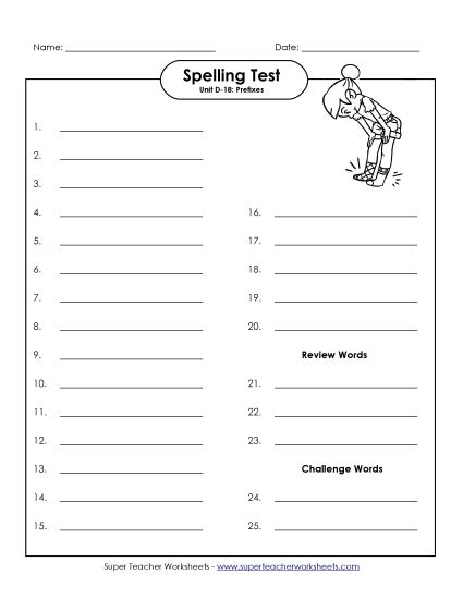 Spelling Test - Spelling Test (D-18) (Printable PDF Worksheet)
