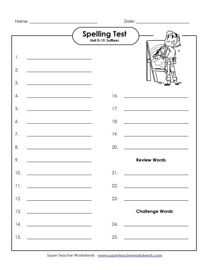 Spelling Test - Spelling Test (D-19) (Printable PDF Worksheet)