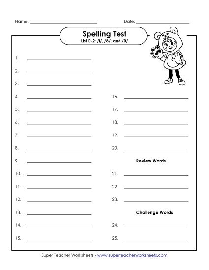 Spelling Test - Spelling Test (D-2) (Printable PDF Worksheet)