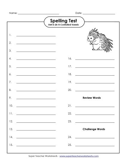 Spelling Test - Spelling Test (D-20) (Printable PDF Worksheet)
