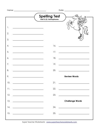 Spelling Test - Spelling Test (D-22) (Printable PDF Worksheet)