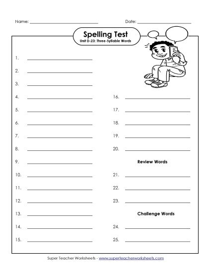 Spelling Test - Spelling Test (D-23) (Printable PDF Worksheet)