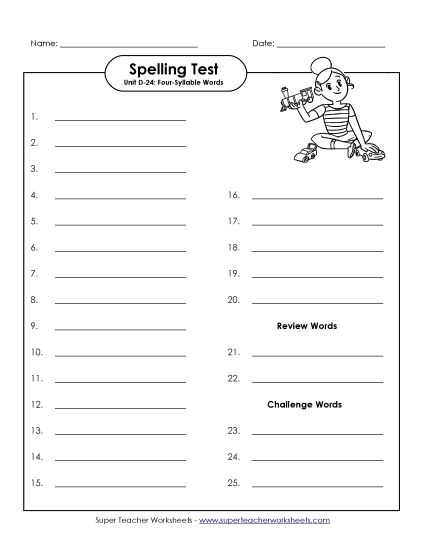 Spelling Test - Spelling Test (D-24) (Printable PDF Worksheet)