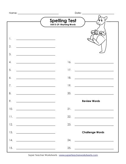 Spelling Test - Spelling Test (D-29) (Printable PDF Worksheet)