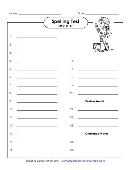 Spelling Test - Spelling Test D-3 (Printable PDF Worksheet)