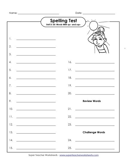 Spelling Test - Spelling Test (D-30) (Printable PDF Worksheet)