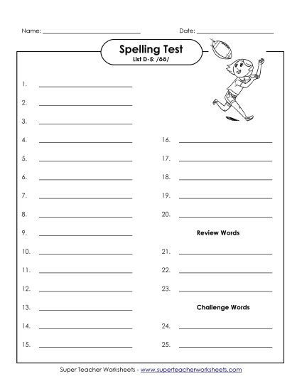 Spelling Test - Spelling Test (D-5) (Printable PDF Worksheet)
