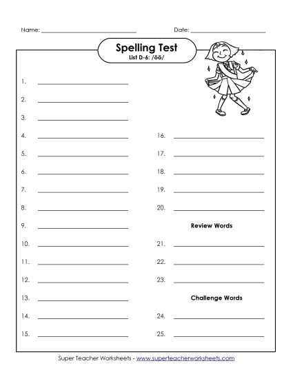Spelling Test - Spelling Test (D-6) (Printable PDF Worksheet)